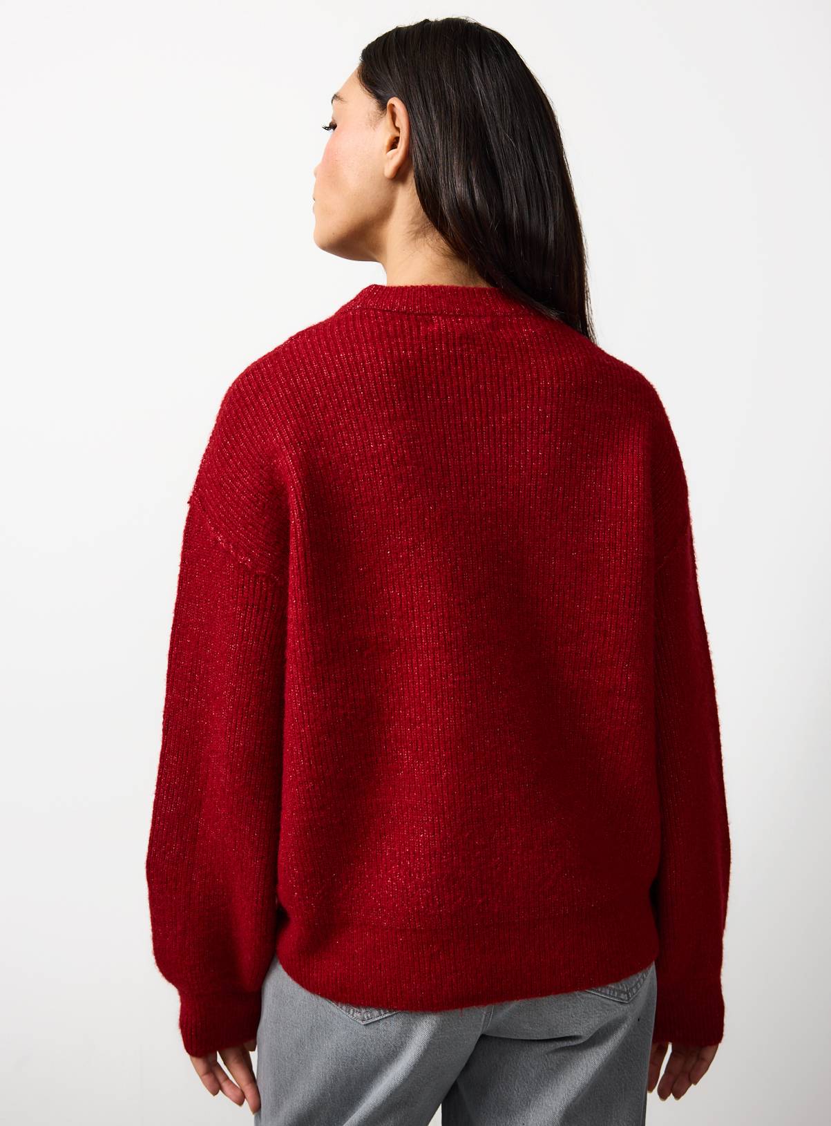 Dark Red Ribbed Fisherman Crew Neck Jumper L - Image 4